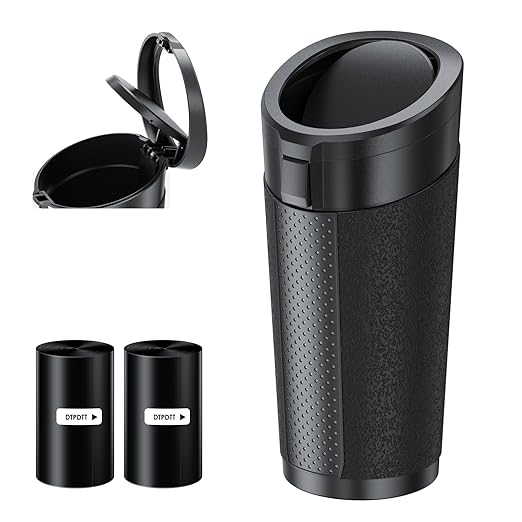 Small Car Trash Can Bin with Lid,Mini Vehicle Leakproof Garbage Can, for Car Cup Holder and Side Door, with 80 Attached Trash Bags