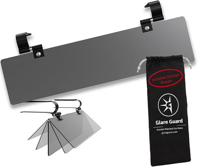Glare Guard Professional-Grade Polarized Sun Visor Extender –Anti-Glare Sun Glare Blocker for Car Windshields, Adjustable Clip-On UV400 Tinted Visor Extension for Cars, Trucks & SUV (w/Storage Pouch)