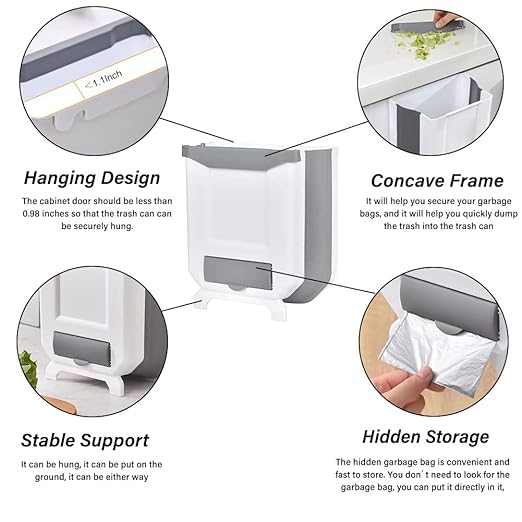 2 Pack Kitchen Trash Can, Foldable Trash Can for Kitchen, Collapsible Hang Small Plastic Garbage Can 2.4 Gallon for Cabinet/Car/Bedroom/Bathroom/Office (White, 2PC)