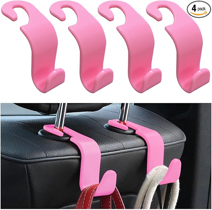 povtii 4PCS Car Seat Headrest Hook, Auto Back Seat Hanging Storage Organizer, Vehicle Seatback Hanger Holder for Purse Handbag Coat Umbrella, Universal Interior Car Accessories (Dark Pink)