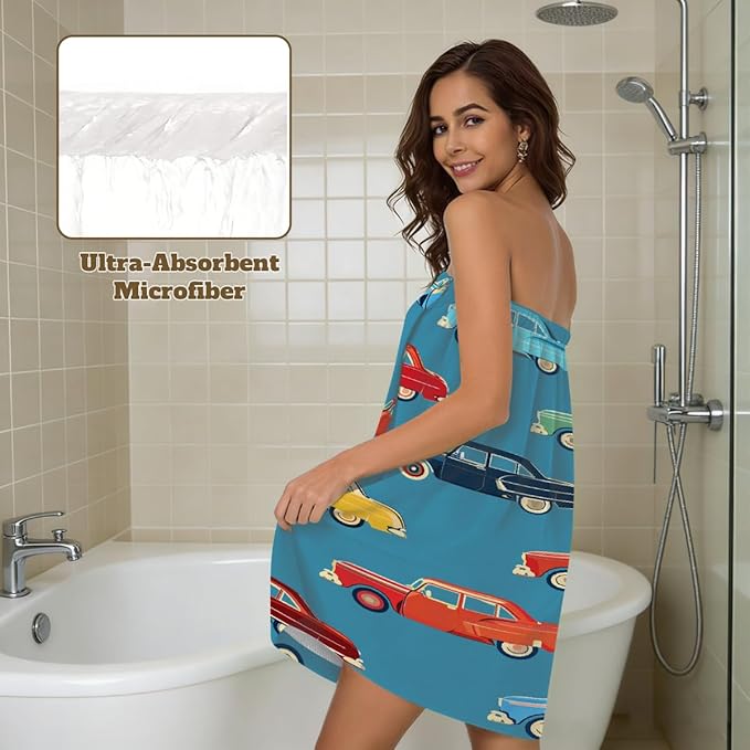 Towel Wrap for Women, Wearable Towel Dress Spa bathrobe with Adjustable Closure(Cartoon Retro Vintage Car)