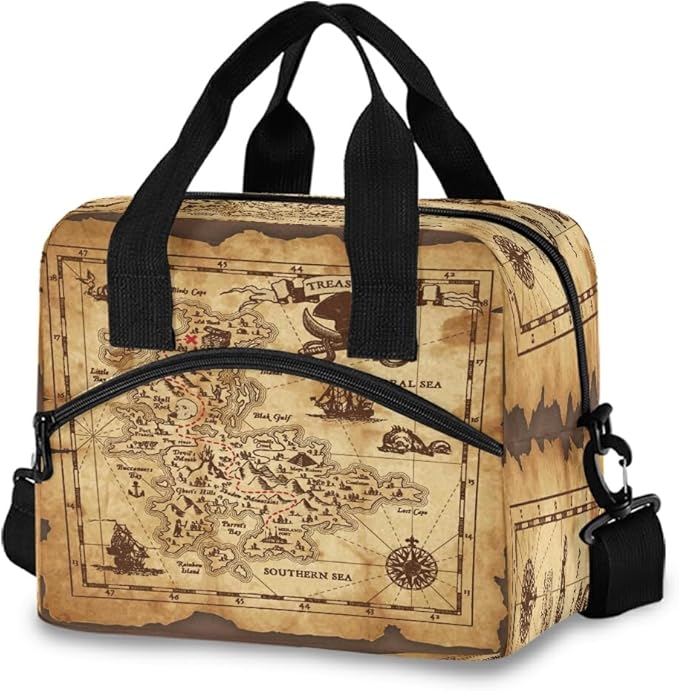 Lunch Bag for Kids Pirate Treasure Map Insulated Cooler Lunch Box Large Capacity Lunch Organizer for Boys Girls