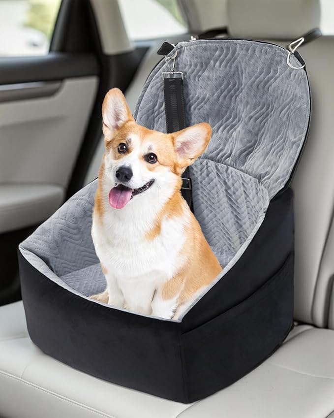 NUPIDA Dog Car Seat for Small Dogs, Dog Booster Seat with Extendable Backrest, Pet Car Seats up to 30 lbs, Washable Removable Cover Travel Bed with Storage Pockets and 2 Safety Leashes, Black&Grey