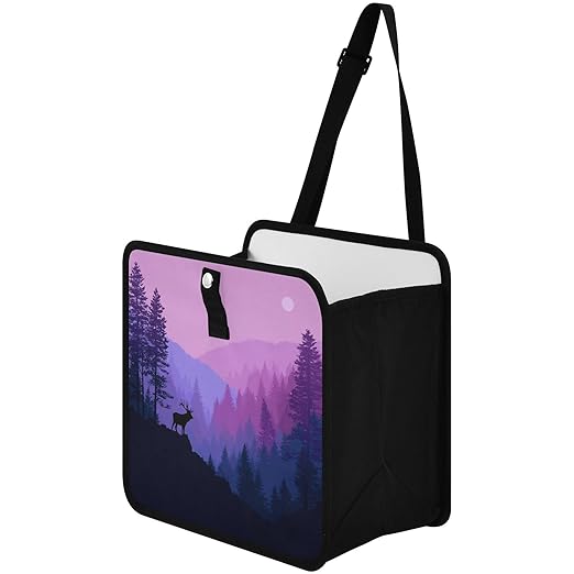 Car Trash Can Organizer Bin with Adjustable Strap for Back Front Seat Console Waterproof Leakproof Collapsible Portable 11 Inch Purple Stag Mountains and Forest