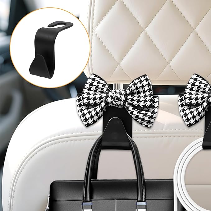 Cute Bow Car Seat Headrest Hooks, 2PCS Multifunctional Vehicle Rear Seat Hanging Hooks, Automotive Interior Seatback Storage Organizer for Purses Bags, Universal Fit (Black/Small)