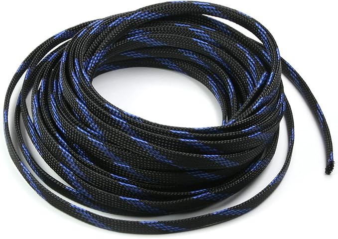 Aicosineg 32.81ft PET Flexible Braided Cable Sleeve 0.33inch Width Wire Loom Sleeving and Organizer Flexible Wire Mesh Sleeve Wrap Protector for TV Audio PC Cords from Pets Chewing Black and Blue