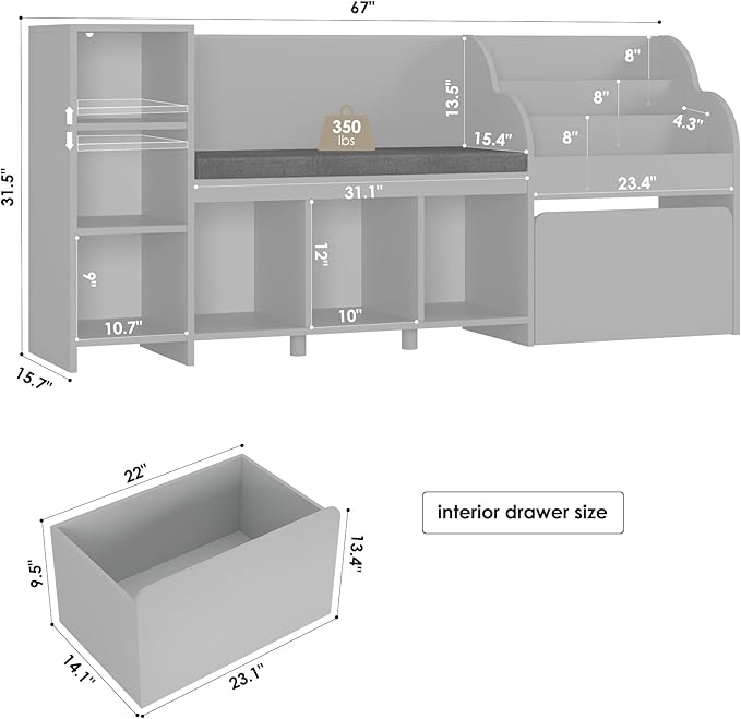 HOSTACK 67" W Kids Reading Nook with Toy Storage Organizer, Large Kids Bookshelf with Toy Storage Box on Wheels, Big Kid Bookcase with Bench and 6 Open Cubbies for Playroom, Kid Room, Grey