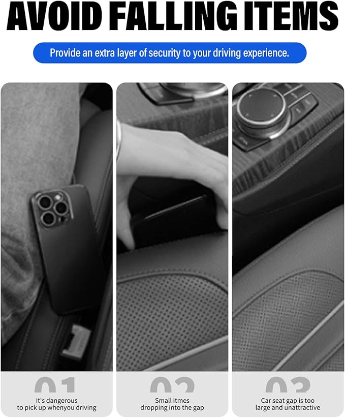 Car Seat Gap Filler, 2 Pack No-Drop Seat Side Gap Seam Filler Organizer with Phone Holder, Universal Fit Fill The Gap Between Seat and Console, Perfect for Car SUV Truck Black