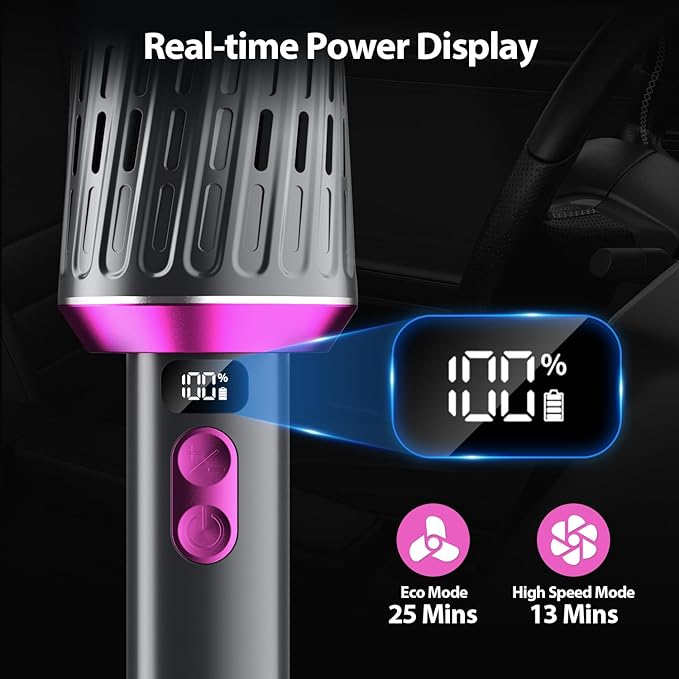 Handheld Vacuum Cordless 25000Pa Car Vacuum 3-in-1 Handheld Vacuum, Includes Smart Display and Charging Base Hand Vac Cordless Rechargeable One-Touch Empty for Home/Pet/Car (Purple)