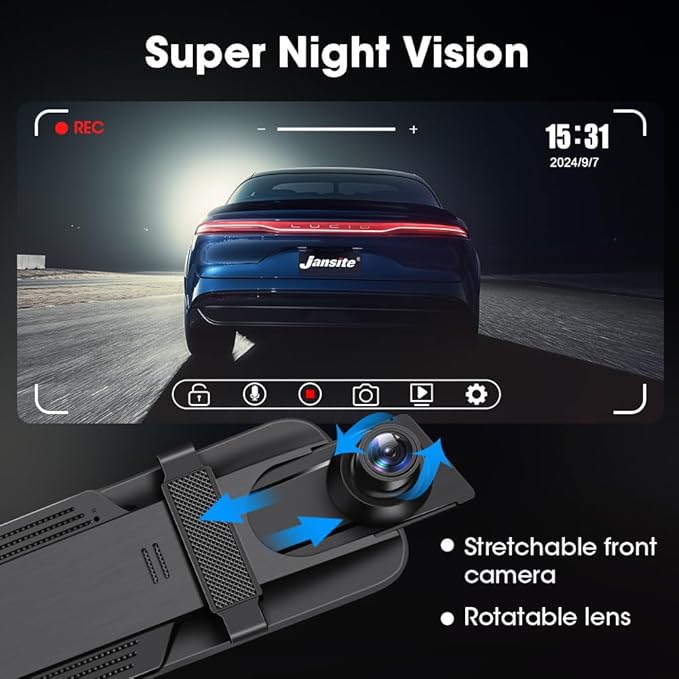 Upgraded 10'' Rear View Mirror Camera Mirror Dash Cam Front and Rear 1080P Backup Camera Full Touch Screen w Loop Recording, G-Sensor Night Vision 170° Wide Angle