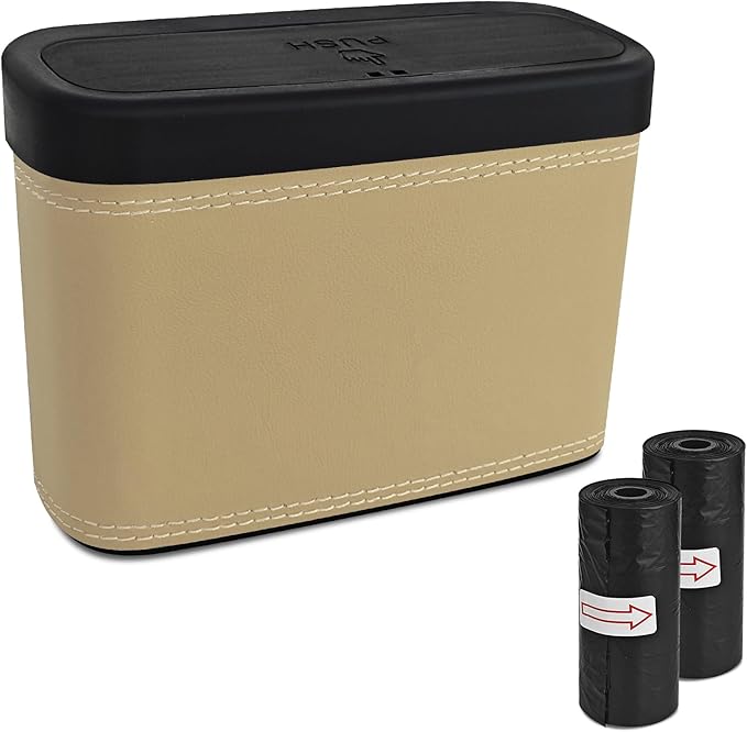 Car Trash Can with Lid, Car Trash Bin, Leakproof Vehicle Garbage Can with 30PCS Garbage Bags, Waterproof Auto Hanging Dustbin Storage Bag Container Accessories Fit SUV Office Home (Beige-1PCS)