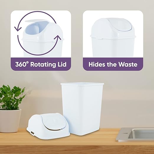 Superio Mini Desktop Trash Can with Swing Top Lid Portable Plastic Garbage Can for Countertop, Desktop, Make up Vanity, Bathroom, Car, Under Sink, Dorm, Compact Waste Bin 5 L, 1.25 Gal. (White)
