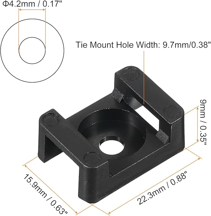 MECCANIXITY 500pcs Cable Tie Base Saddle Type Mount Wire Holder, 0.88"x0.63"x0.35" Wire Clips Organizer Holders Clamps for Electronic Wires, Black 0.17"Dia