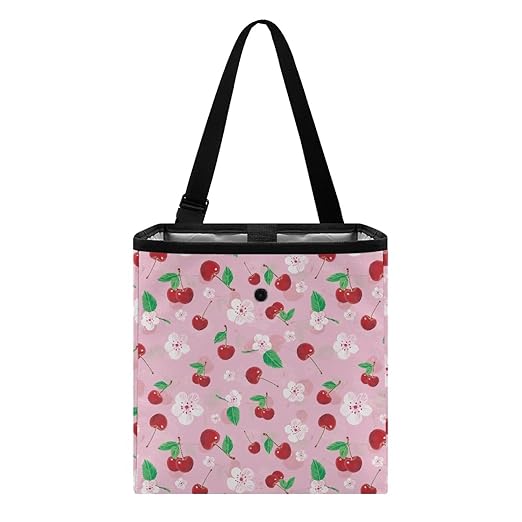 Cherry Blossom Car Trash Can Hanging Trash Bin Leak-Proof Collapsible Car Garbage Bag, Cherries Car Accessories 2 Gal Large Capacity Multipurpose Storage Container Pink