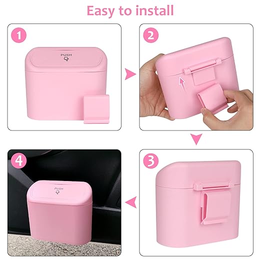 Accmor Car Trash Can with Lid, Leakproof Vehicle Garbage Organizer Holder Bin with 60 Pack Trash Bags, Mini Auto Dustbin Accessories Storage Container for Vans, SUVs, Office (Pink)