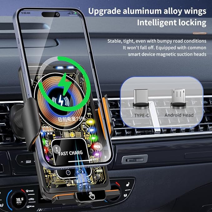 Wireless Car Charger & Phone Mount - 15W Auto-Clamping Air Vent Holder for iPhone 17/16/15/14, Samsung Galaxy S24/S23/S22, etc，66W High Power with Magnetic Suction Adapter (transparent white)