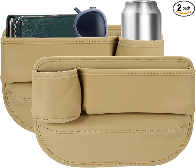 HARFINGTON 2pcs Car Seat Gap Filler Organizer 11.8 x 8.3 x 2.2 Inch PU Universal Car Organizer Storage Box Between Seat and Console (Left+Right) with Cup Holders for Phone Keys, Beige