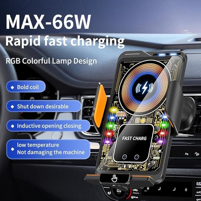 Wireless Car Charger & Phone Mount - 15W Auto-Clamping Air Vent Holder for iPhone 17/16/15/14, Samsung Galaxy S24/S23/S22, etc，66W High Power with Magnetic Suction Adapter (transparent white)