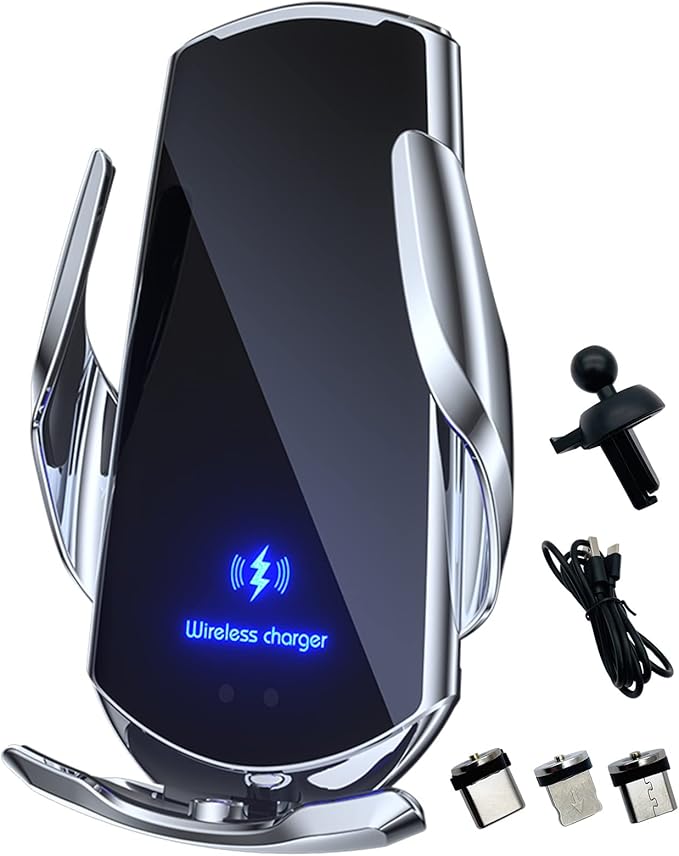 Wireless Car Charger Automotive Electric Induction 15W Wireless Charger Car Vent Mount Bracket Fast Charging Auto-Clamping Car Phone Holder Mount Air Vent Phone Holder Silver…