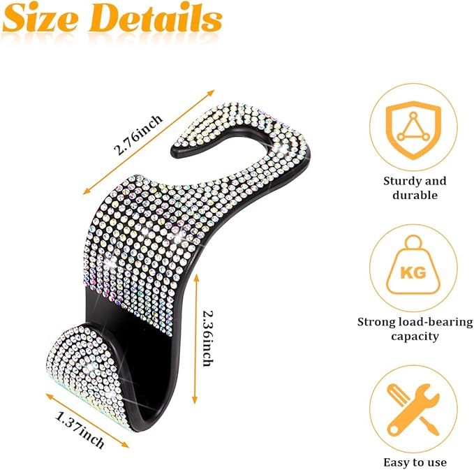 HZEL Bling Car Seat Headrest Hooks, 4PCS Crystal Rhinestone Vehicle Seat Back Hanger Holder for Purses Bag Handbags, Diamond Headrest Storage Organizer, Universal Auto Accessories (White)