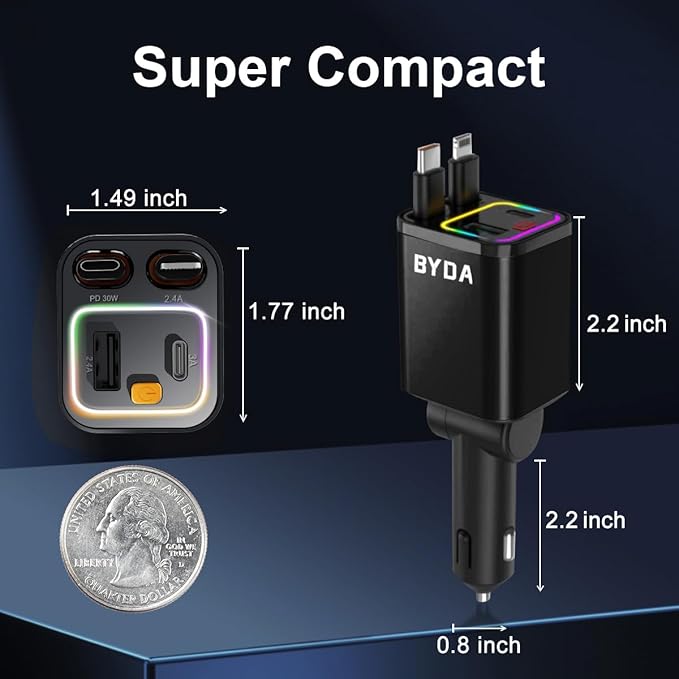 4 in 1 Retractable Car Charger with Starry Light,69W USB-C Fast Car Charger, for iPhone 17/16/15/14/13/12/11, Android,Pixel,Cigarette Lighter Charger (for Apple+Type C &RGB [Black])