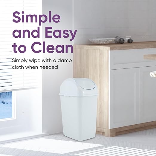 Superio Kitchen Trash Can with Swing Top Lid 9 Gallon Slim Waste Bin 37 Qt Sturdy Plastic Garbage Can Medium Recycling Bin for Office, Bathroom, Under Counter, Dorm, Bedroom (White)
