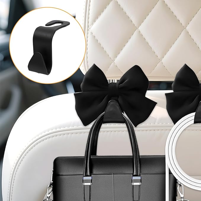 Cute Bow Car Seat Headrest Hooks, 2PCS Multifunctional Vehicle Rear Seat Hanging Hooks, Automotive Interior Seatback Storage Organizer for Purses Bags, Universal for SUV Sedan Truck (Black)