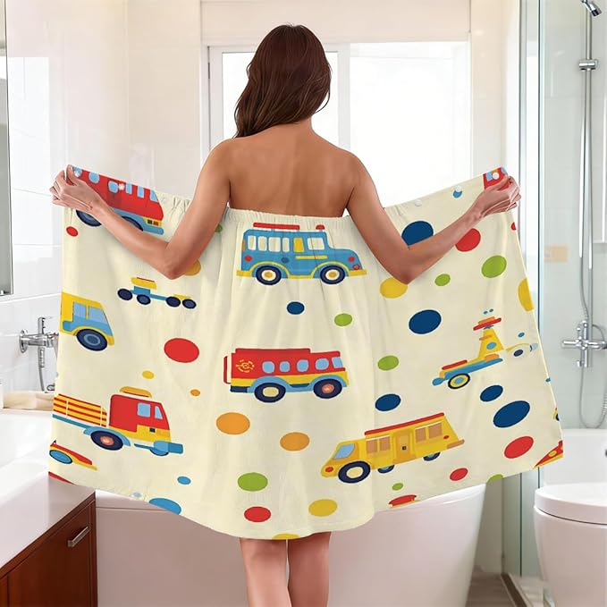 Women's Bath Wrap Cartoon Colorful Trucks Cars Absorbent Shower Spa Body Bath Robe Wraps Bathrobe Towel with Adjustable Closure