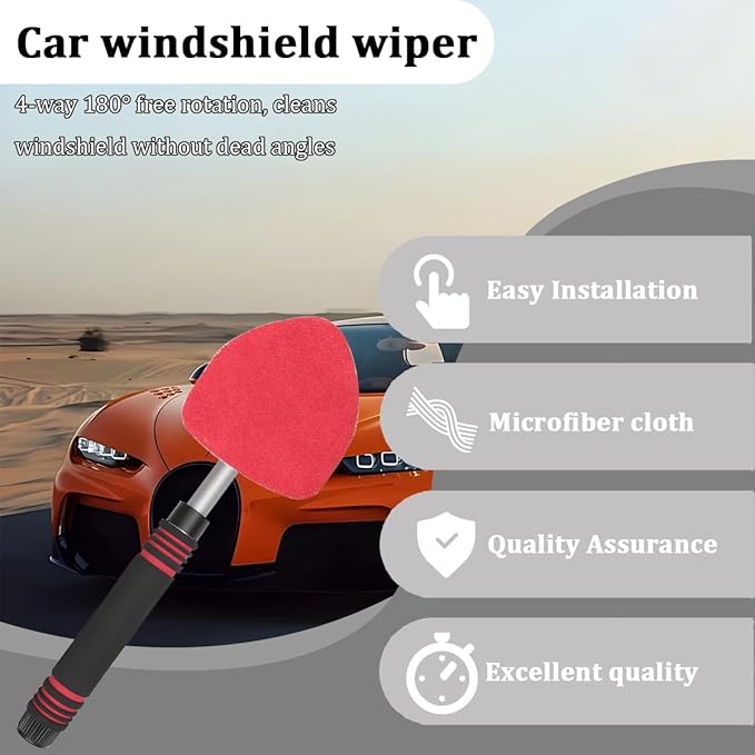 HZEL Car Windshield Cleaner Tool with Extendable Handle, Vehicle Glass Wiper Window Cleaning Tool with 2 Reusable Microfiber Pad, Auto Windscreen Detailing Cleaner Kit, Universal Fit (Triangle Red)
