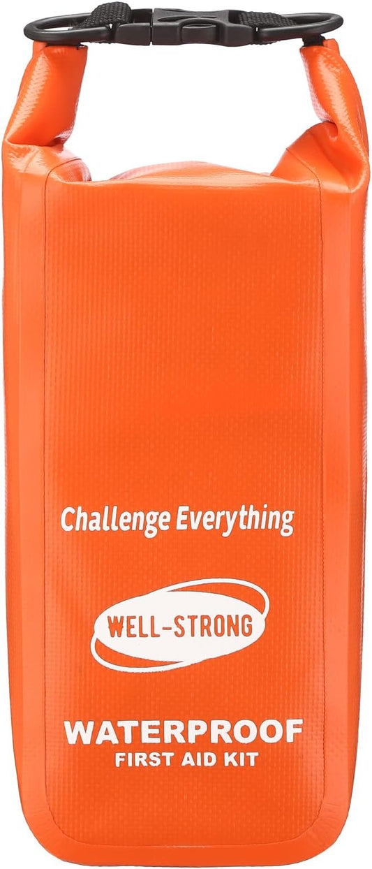Boat First Aid Kit Waterproof, WELL-STRONG Marine Emergency Kit with Roll Top Dry Bag for Boating Fishing Kayaking – Water-Resistant Contents for Camping & Beach（Orange）