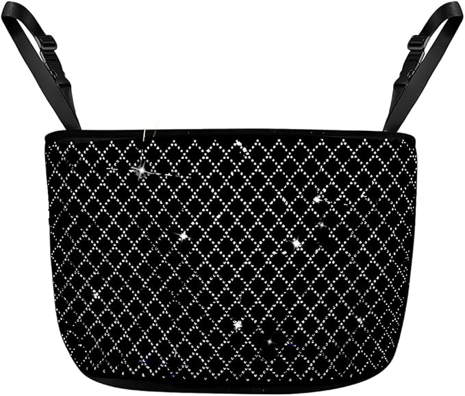 zipelo Bling Car Net Pocket Handbag Holder, Rhinestone Vehicle Backseat Purse Organizer Between Seats, Diamond Hanging Storage Bag Barrier of Pet Kids, Universal Automotive Accessories (Black)