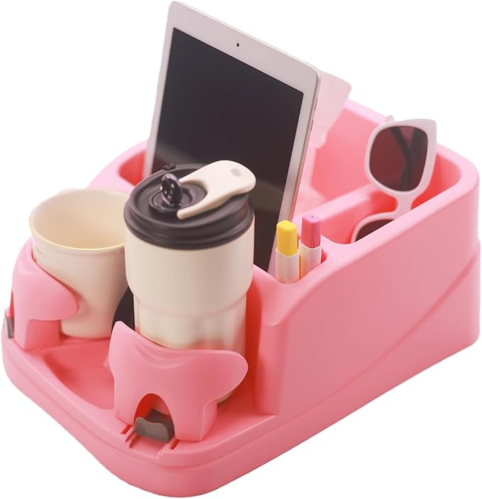 Car Console Organizer, Car Seat Organizer with 2 Adjustable Cup Holders, Center Console for Cars, Trucks, Minivans, SUVs, Vehicle Organizer, 3 Large Storage Compartment (Pink)