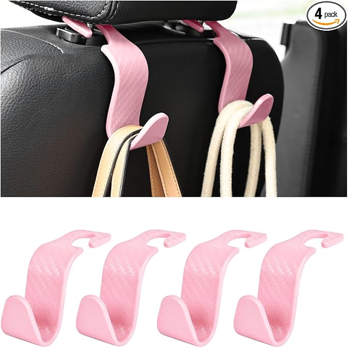 Car Seat Headrest Hooks, 4PCS Carbon Fiber Vehicle Back Seat Storage Hanger Holder for Hangbag Coat Grocery, Automotive Interior Headrest Hook Organizer, Universal for Vehicles (Pink)