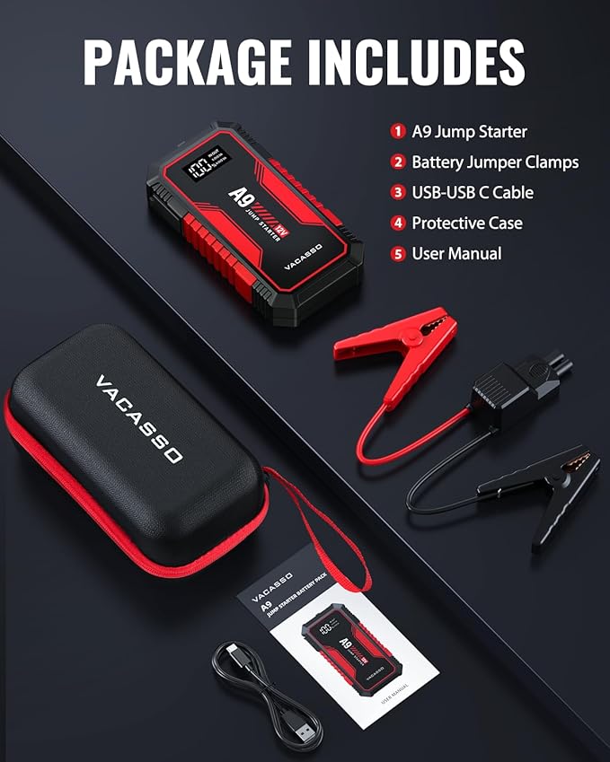 Jump Starter 4000A, VACASSO A9 Battery Jumper Starter Portable (7L Gas/4L Diesel), 12V Car Battery Booster Jump Starters Pack, Jumpstart with USB Ports, Jumper Cables, LED Light, Storage Case