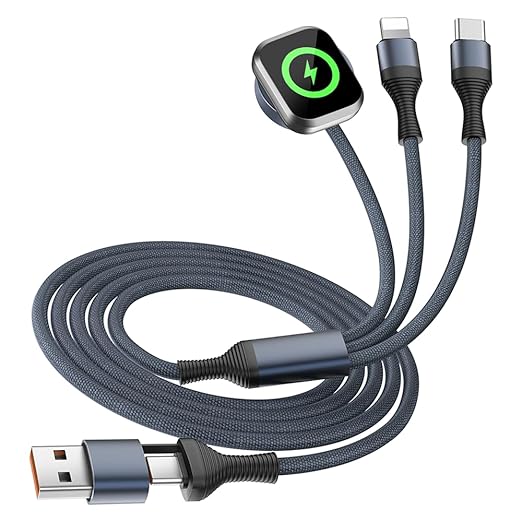 3 in 2 Multi Charging Cable Cord for iWatch Charger/IP/USB C,Travel Cruise Essentials,Braided USB A/C Cable iPhone Charger for Multiple Devices,Car Accessories for iWatch Series/iPhone 17-11/iPad-4FT