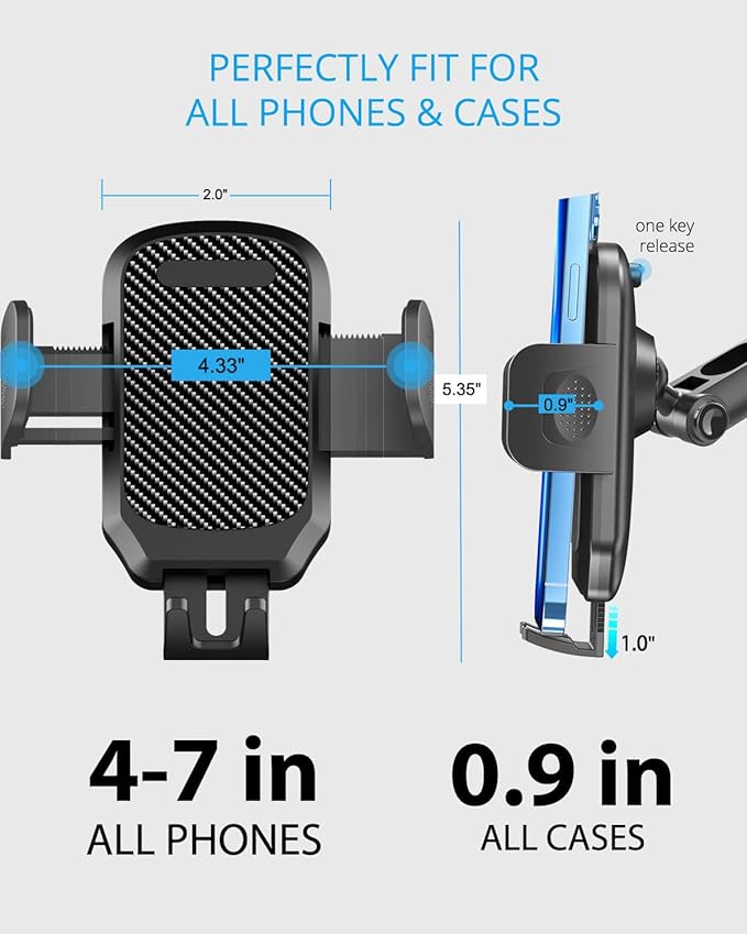 Quyee Phone Holder Car, Rear View Mirror Phone Holder - Aluminum Alloy Mount Multi-Angle Adjustment Rotatable and Retractable Compatible with All 4-7 Inch iPhone and Android Cell Phones (Black)