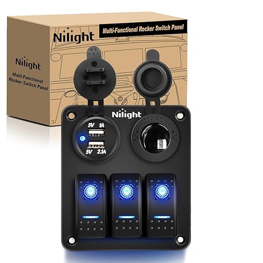 Nilight - 90115C 3 Gang Rocker Switch Panel Waterproof Pre-Wired Aluminum Switch Panel with Dual USB Charger Socket & Cigarette Lighter Socket 12V 24VDC ON Off Switch Panel for Cars Rvs Trucks