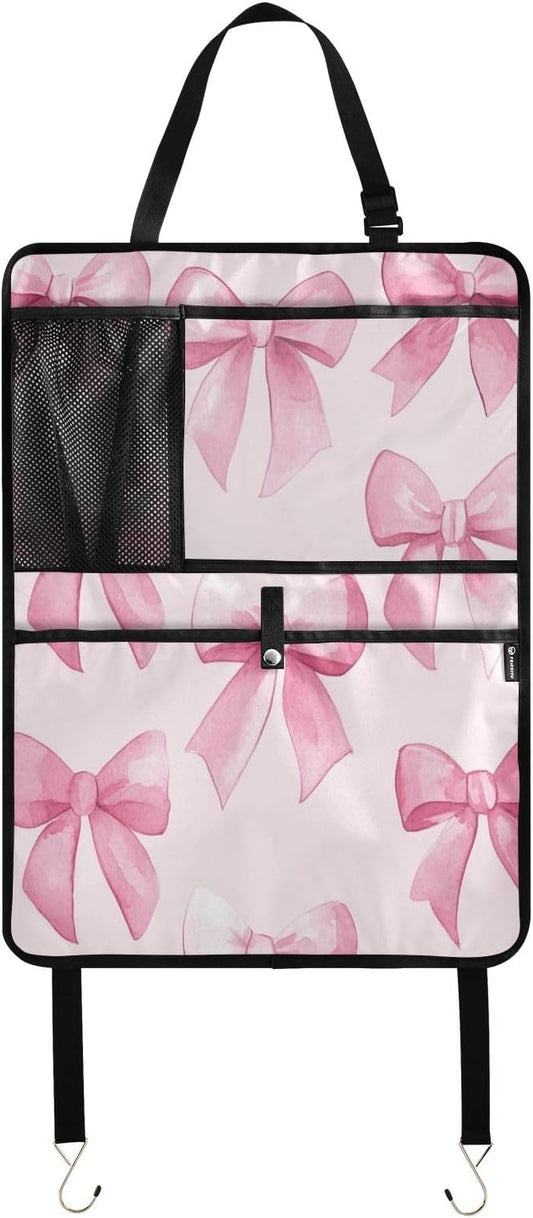 KJIMZO Pink Bows Car Backseat Organizer Kick Mats Protector Seat Covers Vehicle Back Seat with Storage Pockets for Road Trip-1Ppack