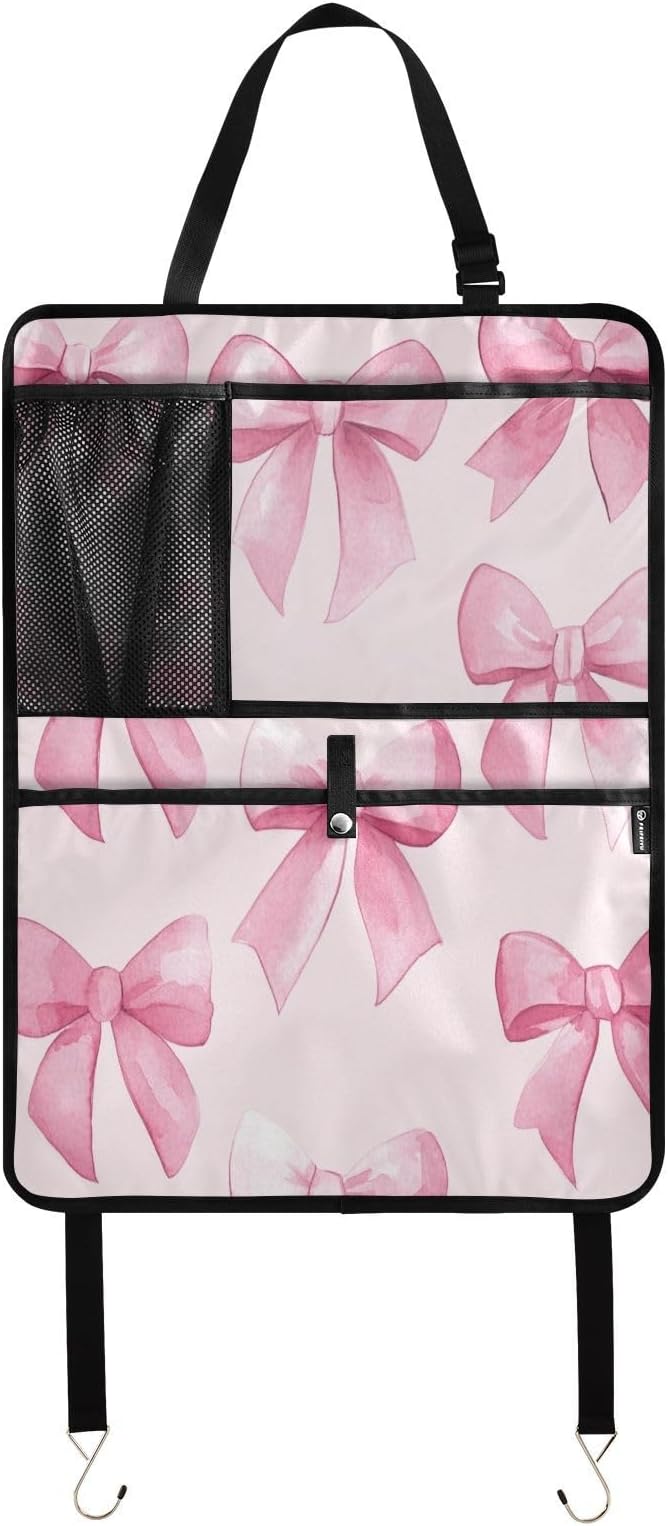 KJIMZO Pink Bows Car Backseat Organizer Kick Mats Protector Seat Covers Vehicle Back Seat with Storage Pockets for Road Trip-2Ppacks