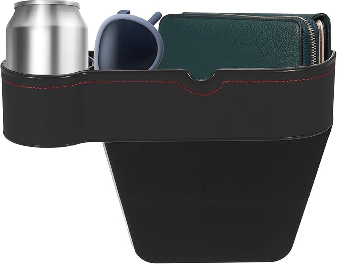 HARFINGTON Car Seat Gap Filler Organizer 10.6 x 7.1 x 2.8 Inch ABS+Leather Universal Car Organizer Storage Box Between Seat and Console(Left) with Cup Holder for Phone Keys, Black