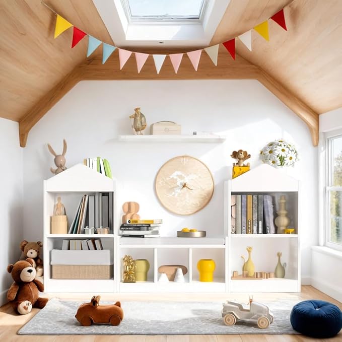 MHOM 68.9“ Kids Bookshelf with Reading Nook, Toy Storage Organizer with Seat Cushion and 7 Storage Cubbies, Wooden Kids Bookcase, Toy Organizers and Storage for Nursery, Playroom, White