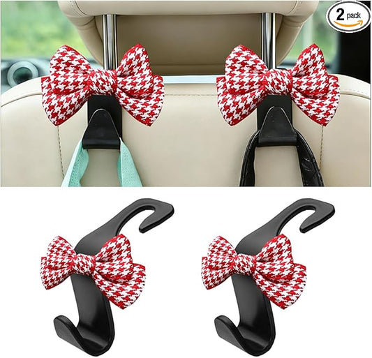 2PCS Car Seat Headrest Hooks, Cute Bow Vehicle Backseat Storage Hanger for Handbag Umbrella Coat, Auto Seat Back Hook Holder Organizer Decor, Universal for Vehicles (Small Red Houndstooth)