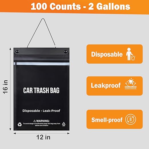 100 Count Disposable Car Trash Bags - 2 Gallon Leakproof & Smellproof Car Garbage Bags, Hanging & Stick-On Car Trash Can Alternative, 1.18 mil Heavy Duty for Car, SUV, Truck