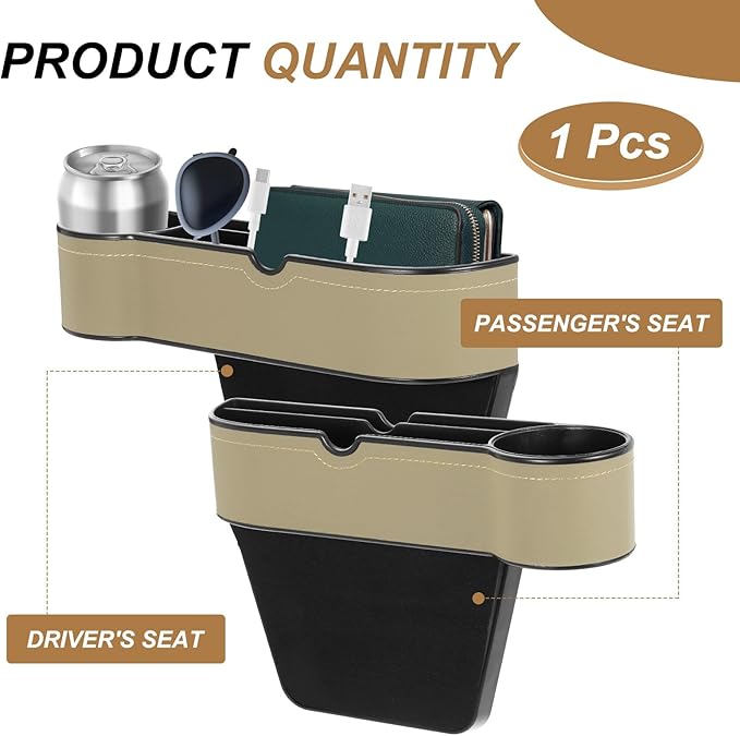 HARFINGTON Car Seat Gap Filler Organizer 10.6 x 7.1 x 2.8 Inch ABS+Leather Universal Car Organizer Storage Box Between Seat and Console (Left) with Cup Holders for Phone Keys, Beige