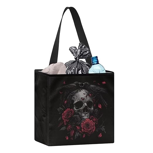 Crow Skull Rose Print Car Trash Can Leakproof Trash Bin Car Garbage Can Hanging Water-Resistant Collapsible Auto Trash Bag Halloween Decor Car Accessories for Women Men