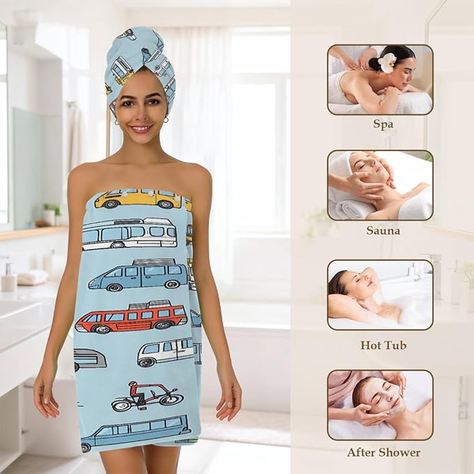 Women Bath Wrap Hair Towel Drying Cap Set Retro Cars Bus Pattern Soft Absorbent Bathrobe Shower Wraps with Adjustable Closure Spa Bath Robe