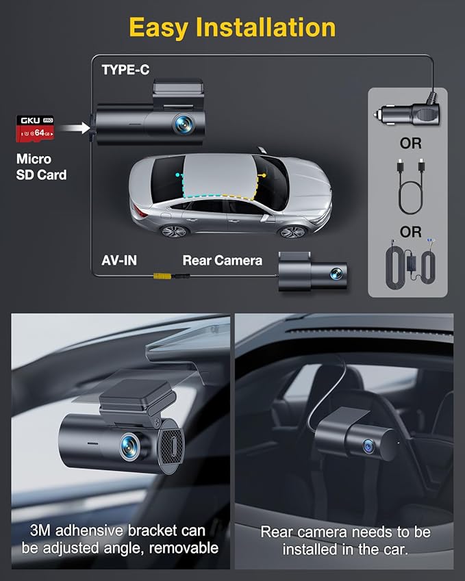 GKU Dash Cam Front and Rear Camera,4K+1080P, 5.8GHz WiFi & GPS Dash Camera for Cars,with 64G SD Card,1.47" Display Dashcam, 24HParking Mode,App,Super Night Vision,Support Max 256GB (D600Pro)