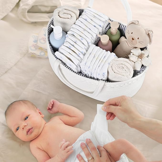 19L Baby Diaper Caddy Organizer, 16.8"x9.8"x9" Cotton Rope Diaper Basket, Changing Table Storage Caddy With Removable Divider, Baby Basket for Nursery, Car, Diapers, Baby Shower Gifts for Newborn