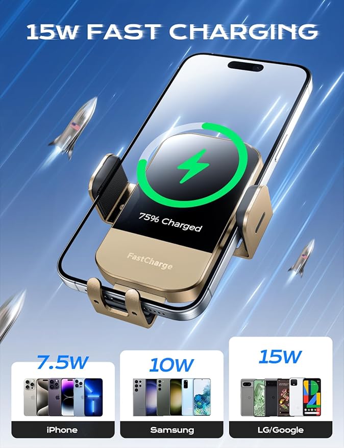 CHGeek Wireless Car Charger, 15W Fast Charging Auto Clamping Car Charger Phone Mount Phone Holder fit for iPhone 15 14 13 12 11 Pro Max Xs, Samsung Galaxy S24 Ultra S23 S22 S21, S20, S10+, Golden