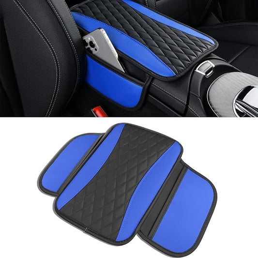 Leather Car Center Console Cover with Side Pockets, Upgraded Arm Rest Cover for Car Seat Organizer, Middle Console Cover Stylish Car Decoration, Universal for Most Vehicles (Blue)